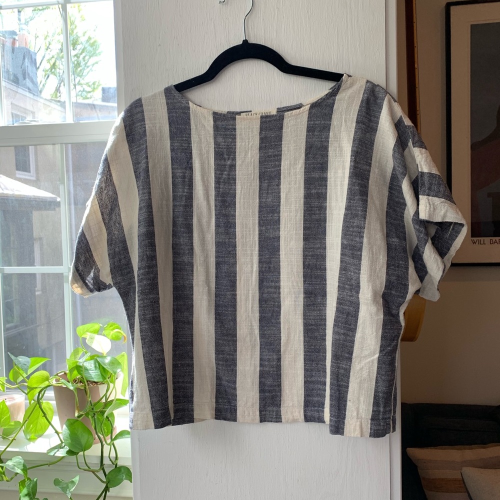 SOLD Black Crane Box Top - White and Blue Stripe